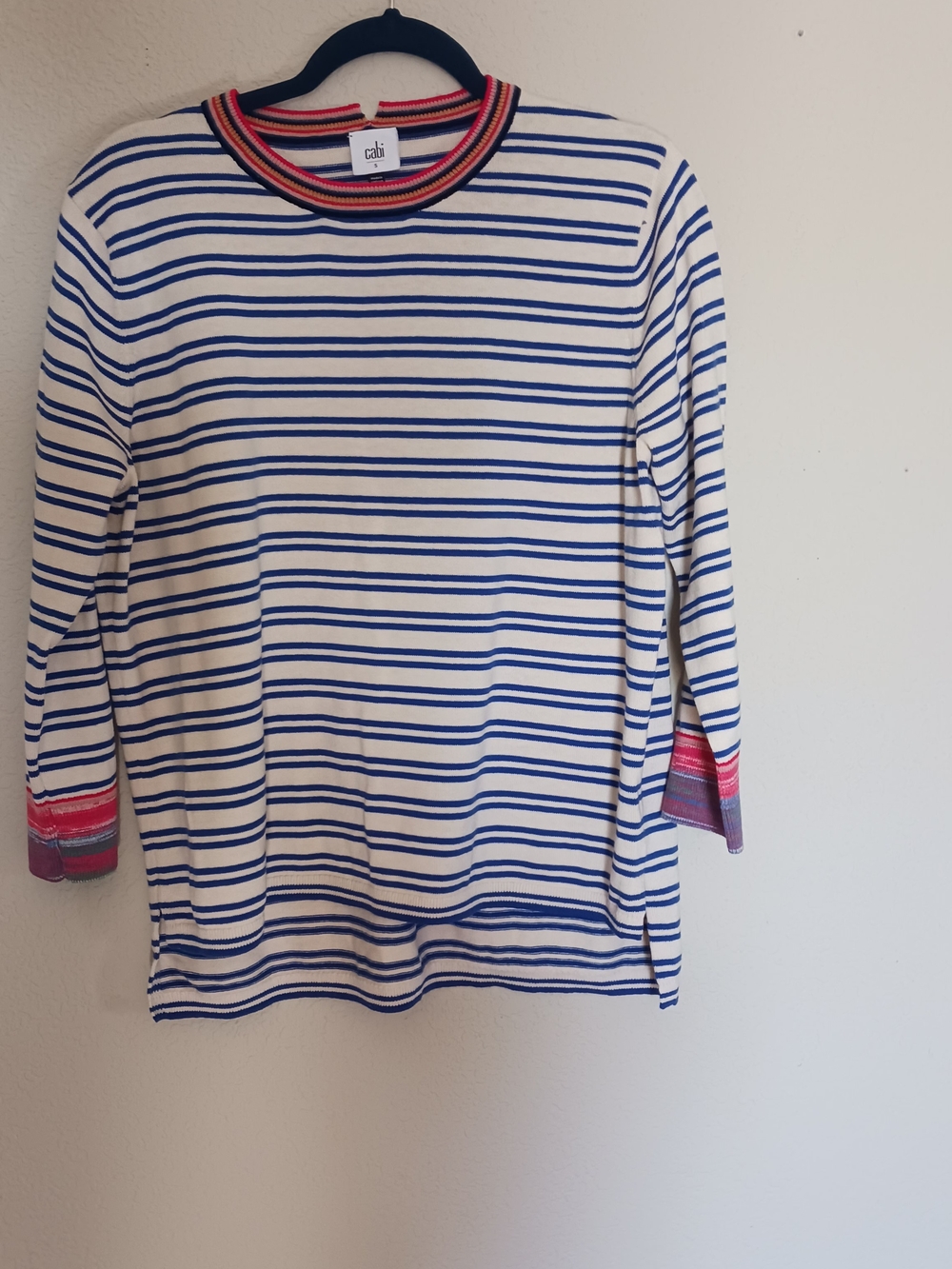 CAbi White & Blue Striped Long-Sleeve Top with Multicolor Trim